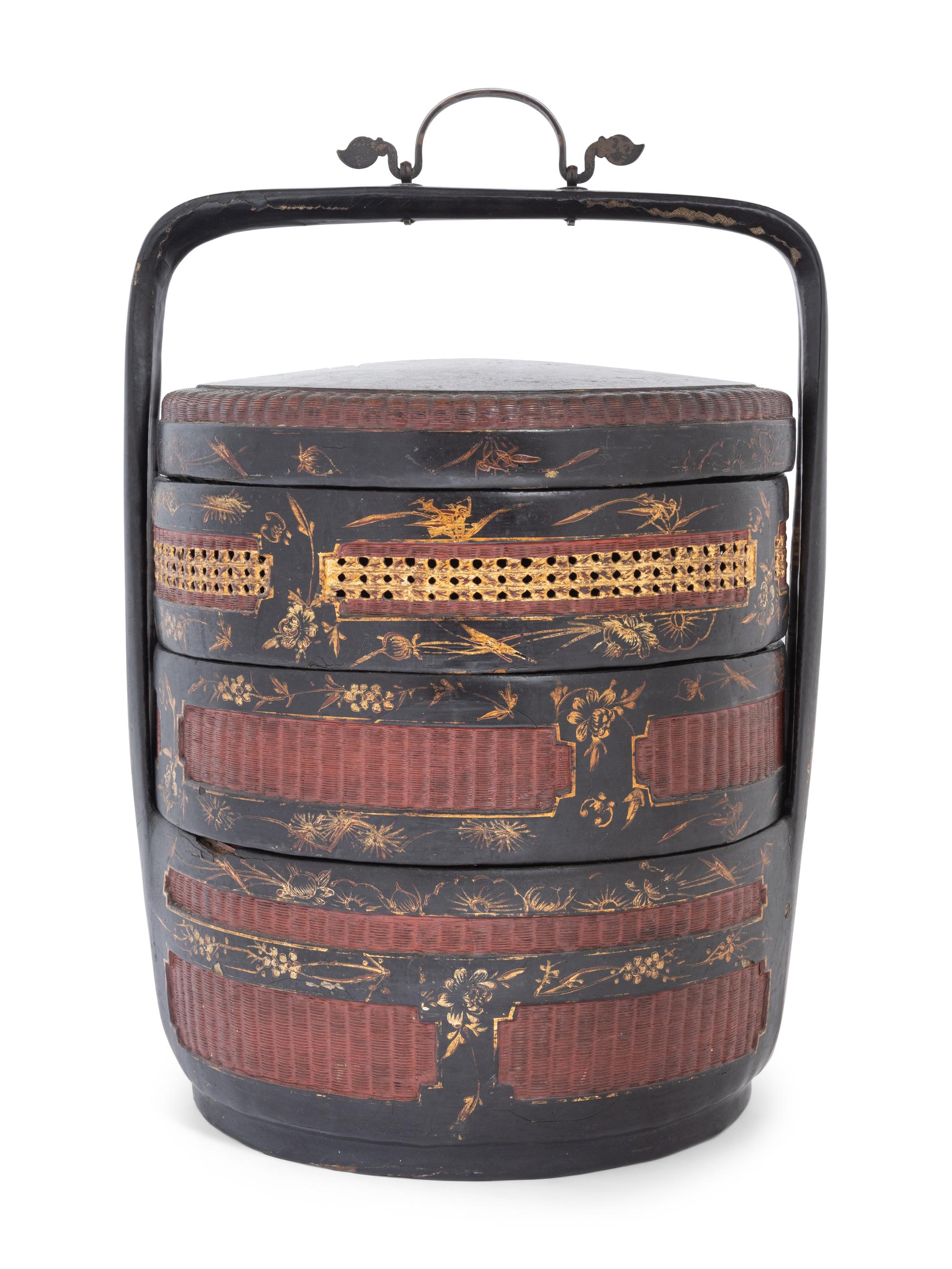 A Chinese Lacquered and Partial Gilt Two Tiered Basket