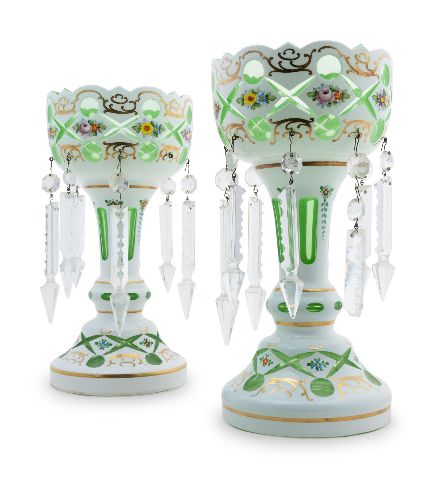 A Pair of Bohemian White Overlay Glass Girandoles