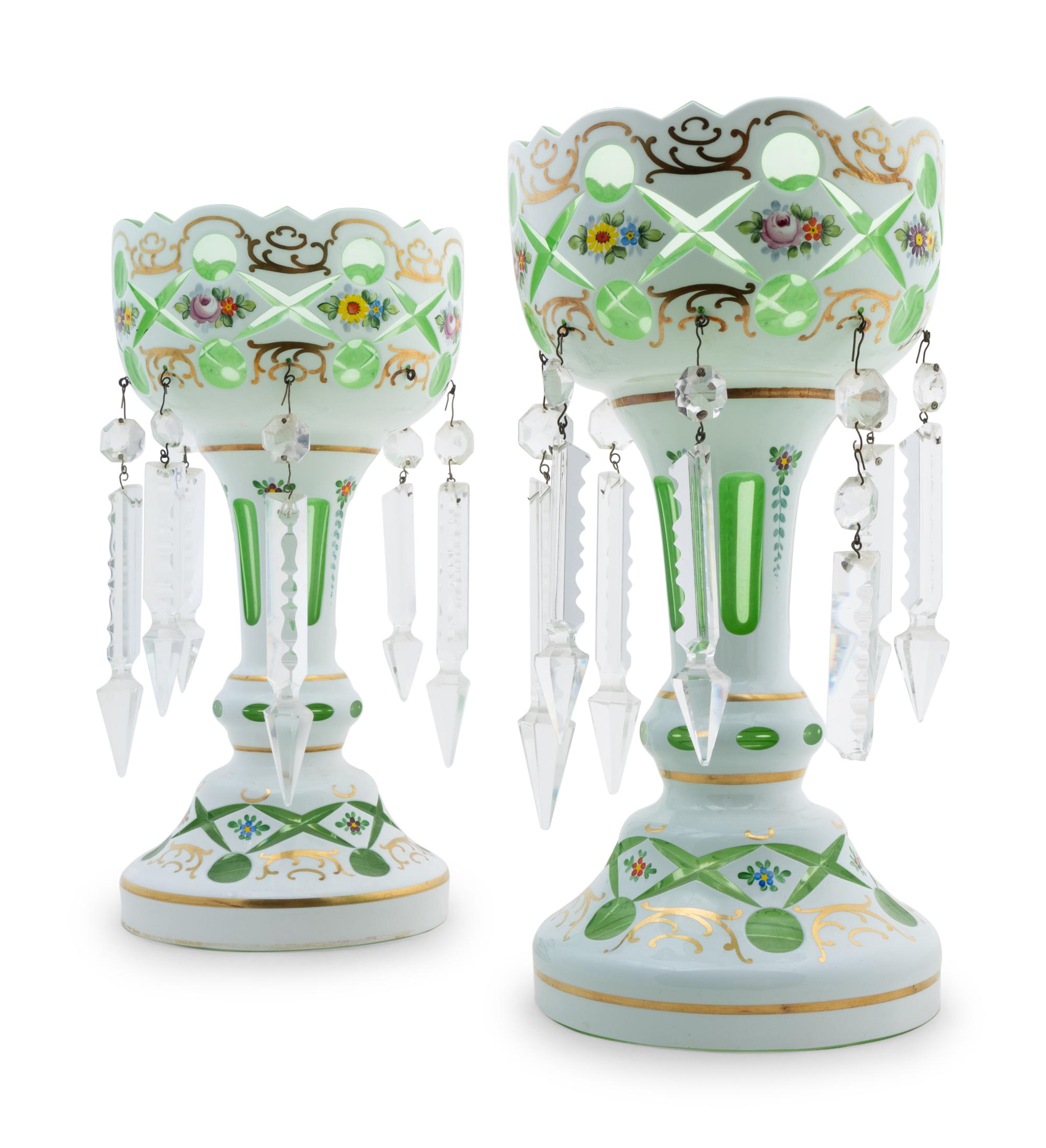 A Pair of Bohemian White Overlay Glass Girandoles