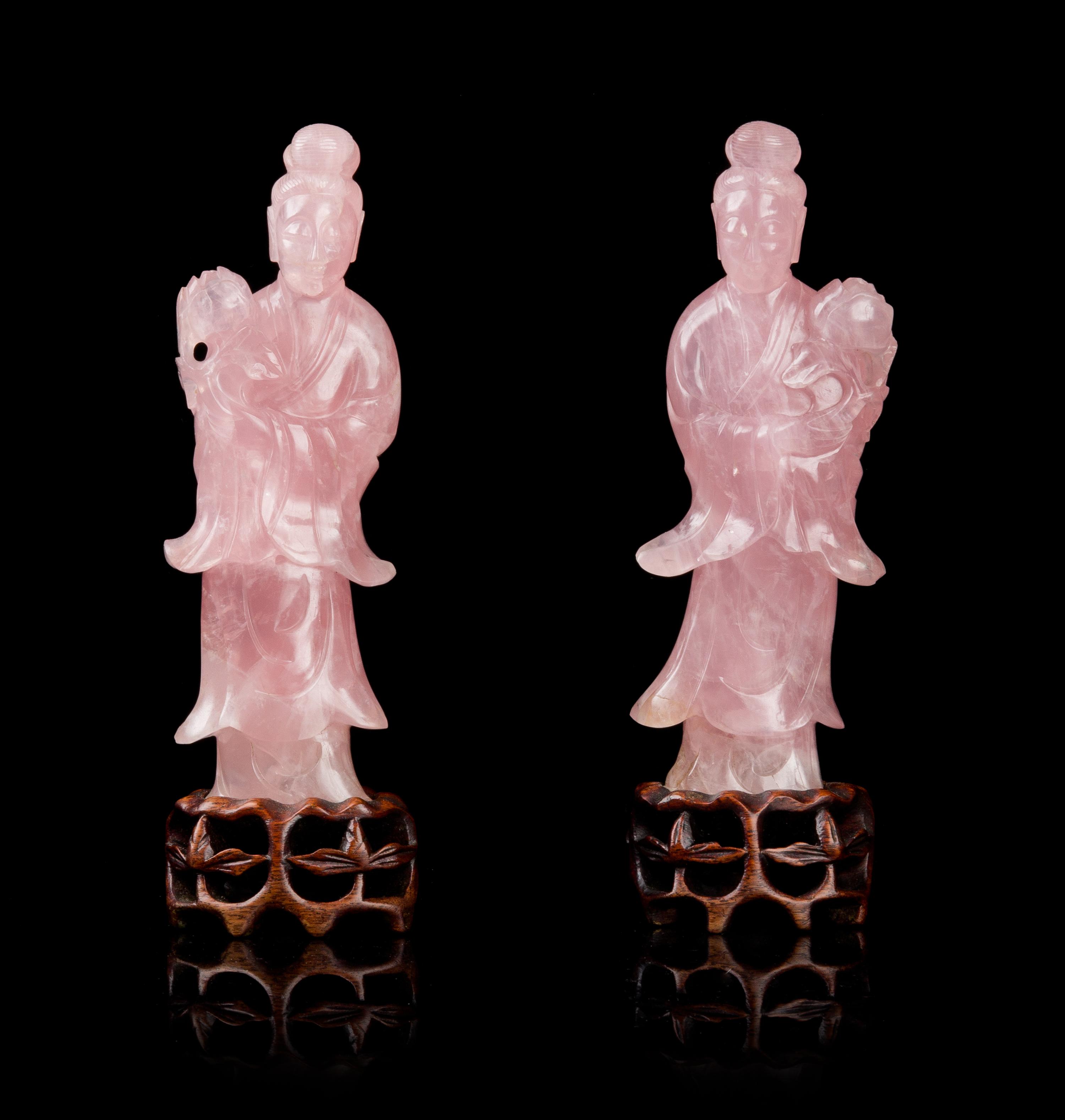 A Pair of Rose Quartz Figures of Meirens Height 6 1/4 inches. — LATE 19TH/EARLY 20TH CENTURY