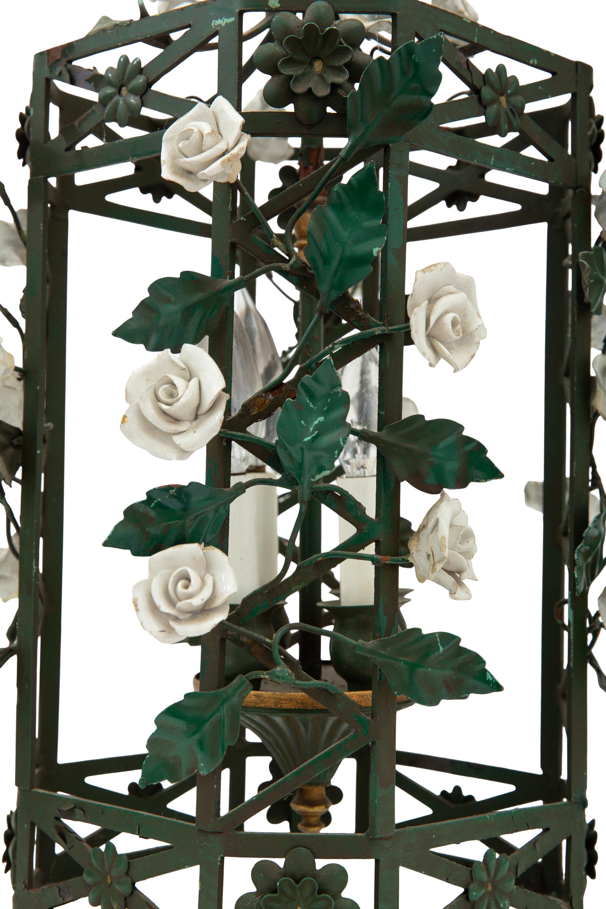 A Pair of Italian Tole and Porcelain Four-Light Lanterns