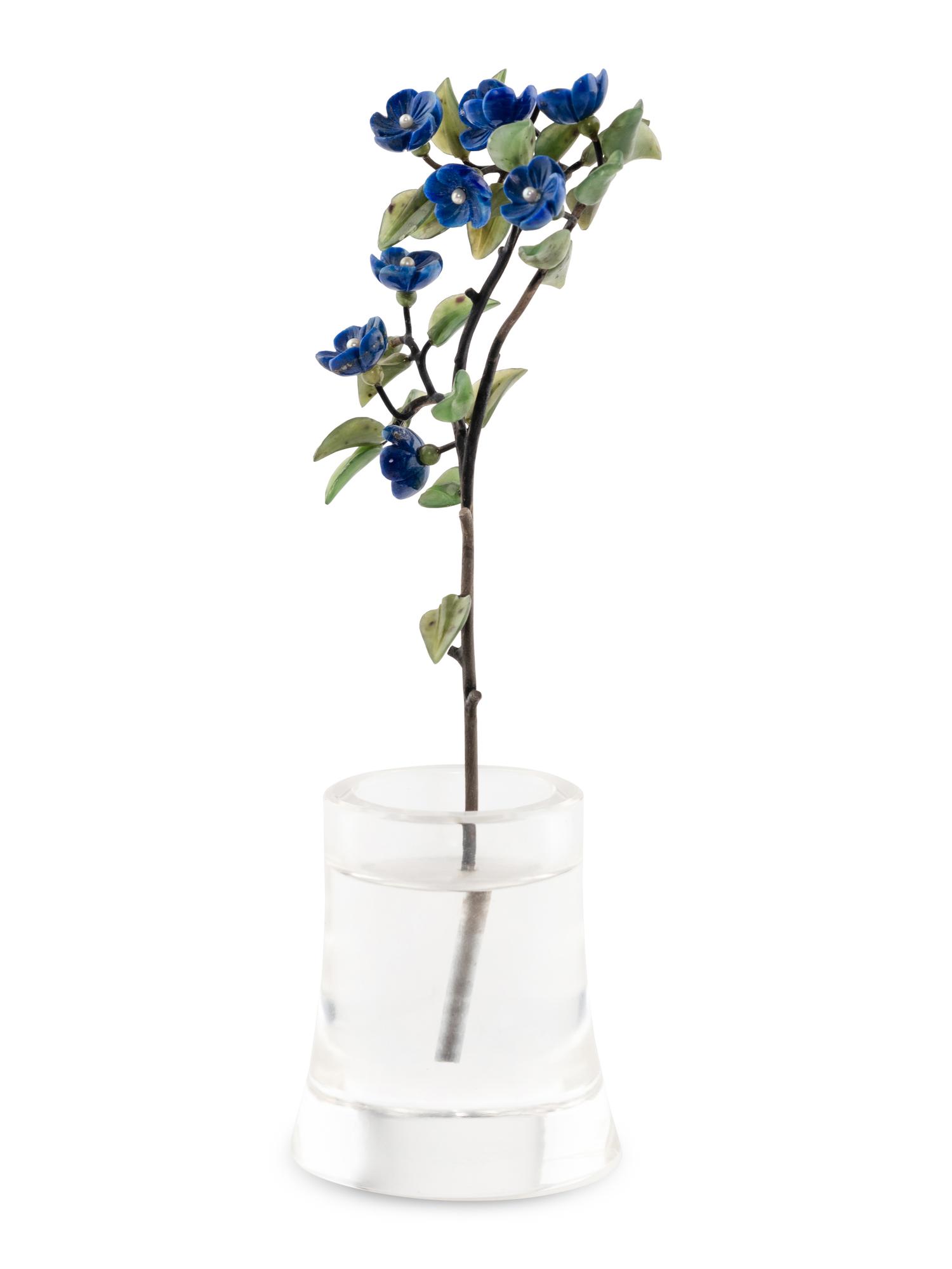 A Pearl Mounted Carved Rock Crystal, Lapis Lazuli and Silver Forget-me-not Flower Study