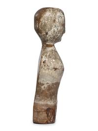 A Folk Art Carved, Painted and Glass Inset Wood Doll "Bed Post" Figure