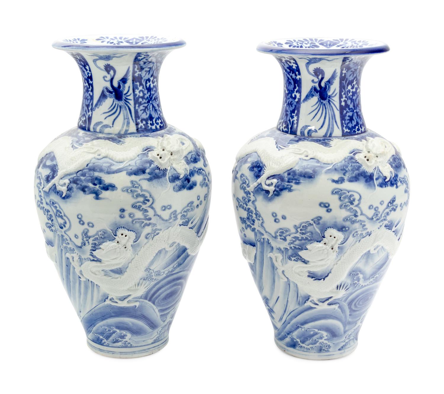 A Pair of Large Japanese Blue and White Porcelain 'Dragon' Baluster Vases