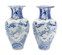 A Pair of Large Japanese Blue and White Porcelain 'Dragon' Baluster Vases