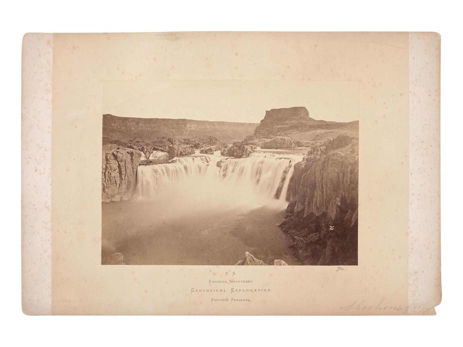 [WESTERN AMERICANA]. O'SULLIVAN, Timothy (1840-1882), photographer. A group of 2 albumen photographs of Shoshone Falls, Idaho, from Clarence King's Survey of the Fortieth Parallel. 1868.