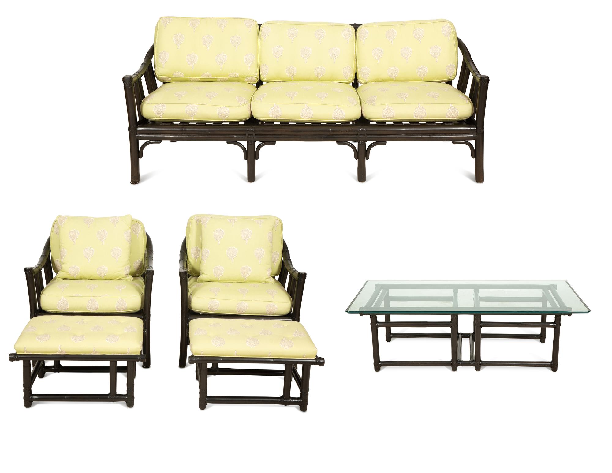 A McGuire Black Painted Rattan Six-Piece Furniture Suite