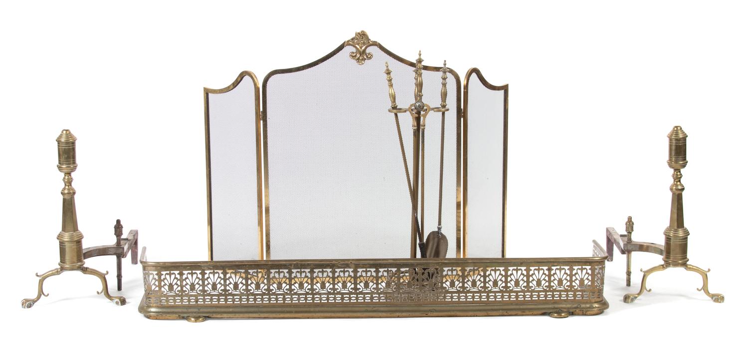 A Pair of George III Style Brass Andirons, A Victorian Fender, and A Louis XV Style Firescreen