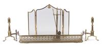 A Pair of George III Style Brass Andirons, A Victorian Fender, and A Louis XV Style Firescreen