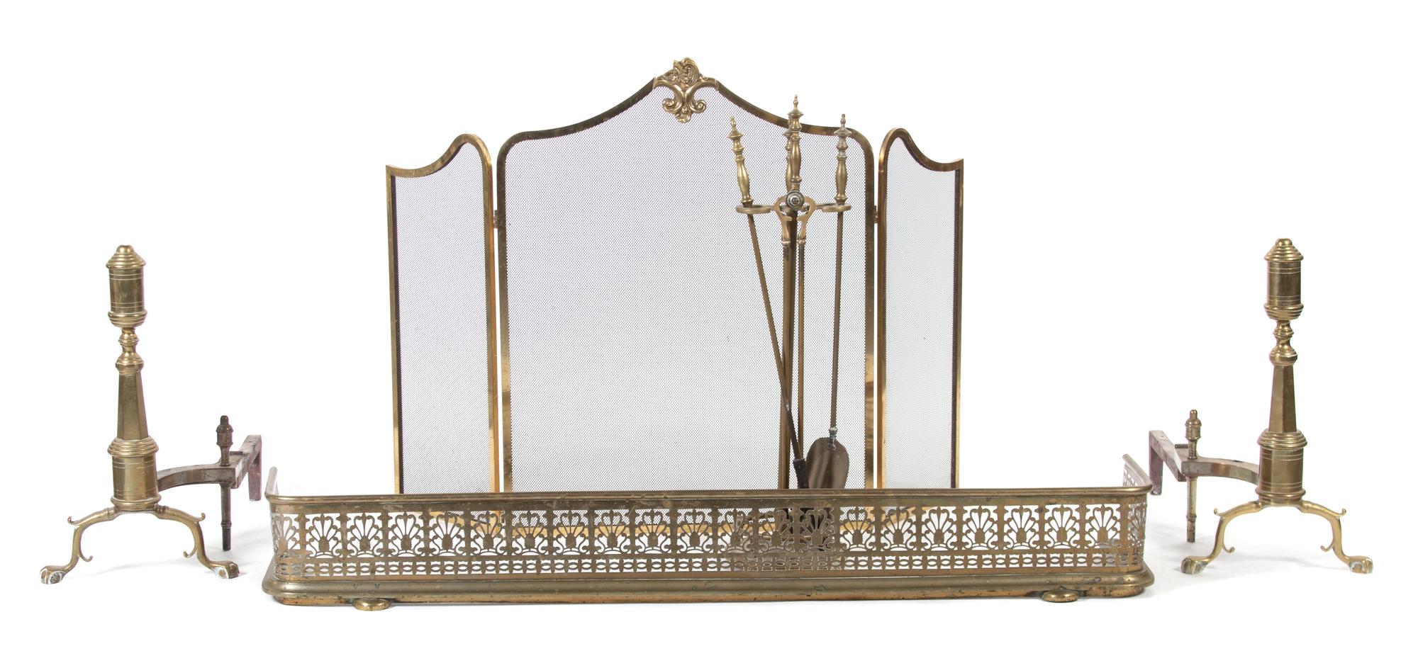 A Pair of George III Style Brass Andirons, A Victorian Fender, and A Louis XV Style Firescreen