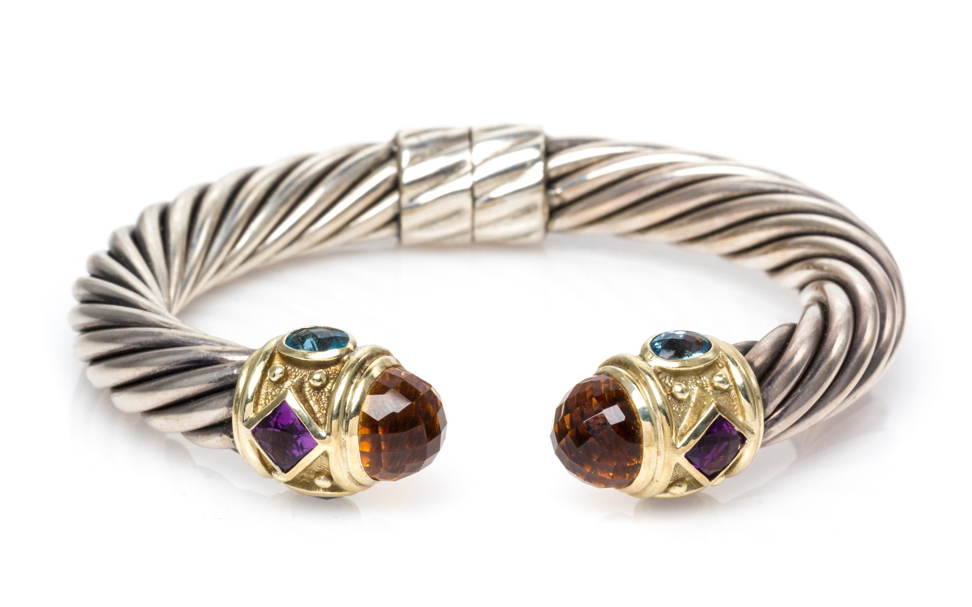 A Sterling Silver, 18 Karat Yellow Gold, Citrine, Tourmaline and Blue Topaz 'Renaissance' Bracelet, David Yurman, 28.75 dwts.