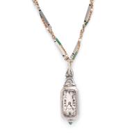 MARCUS & CO., DIAMOND PENDANT WATCH AND FANCY LINK CHAIN