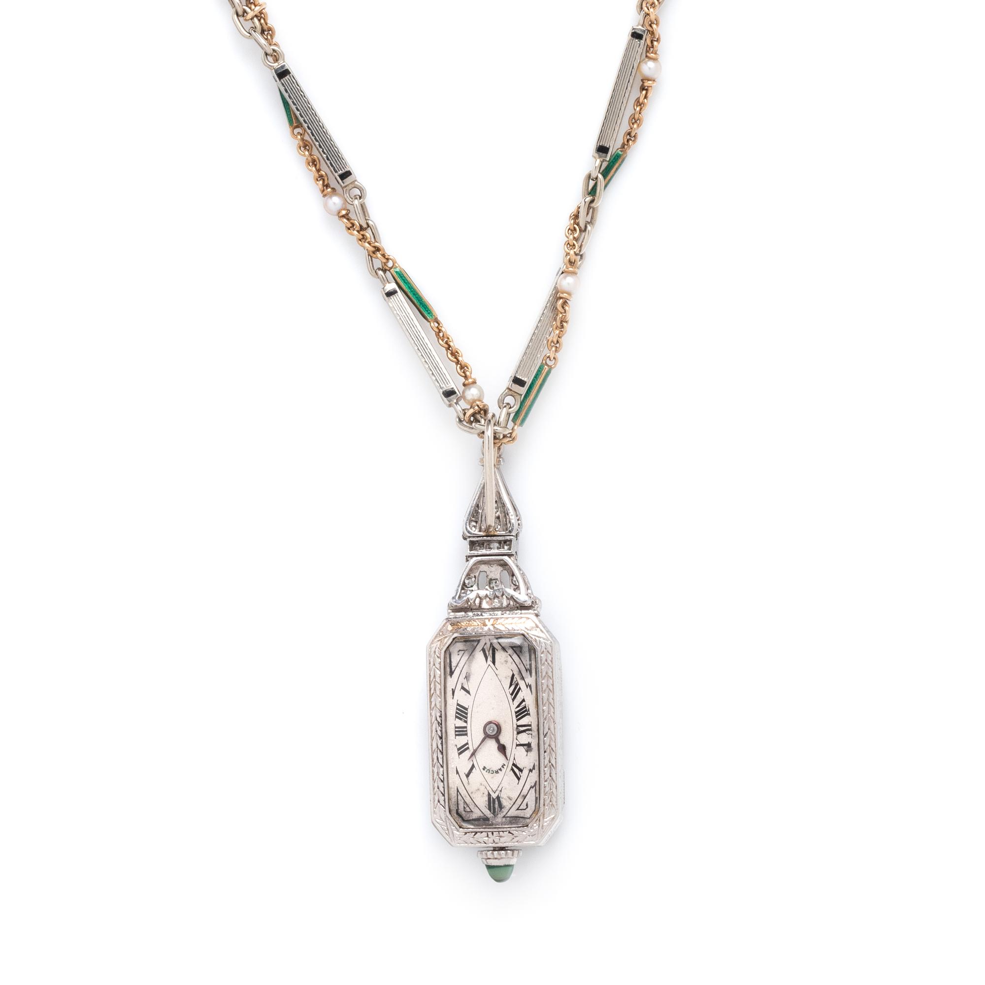 MARCUS & CO., DIAMOND PENDANT WATCH AND FANCY LINK CHAIN