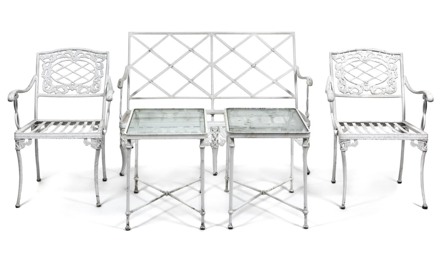 A Suite of White Painted Aluminum Garden Furniture Height of settee 33 x width 49 x depth 27 inches.