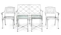 A Suite of White Painted Aluminum Garden Furniture Height of settee 33 x width 49 x depth 27 inches.