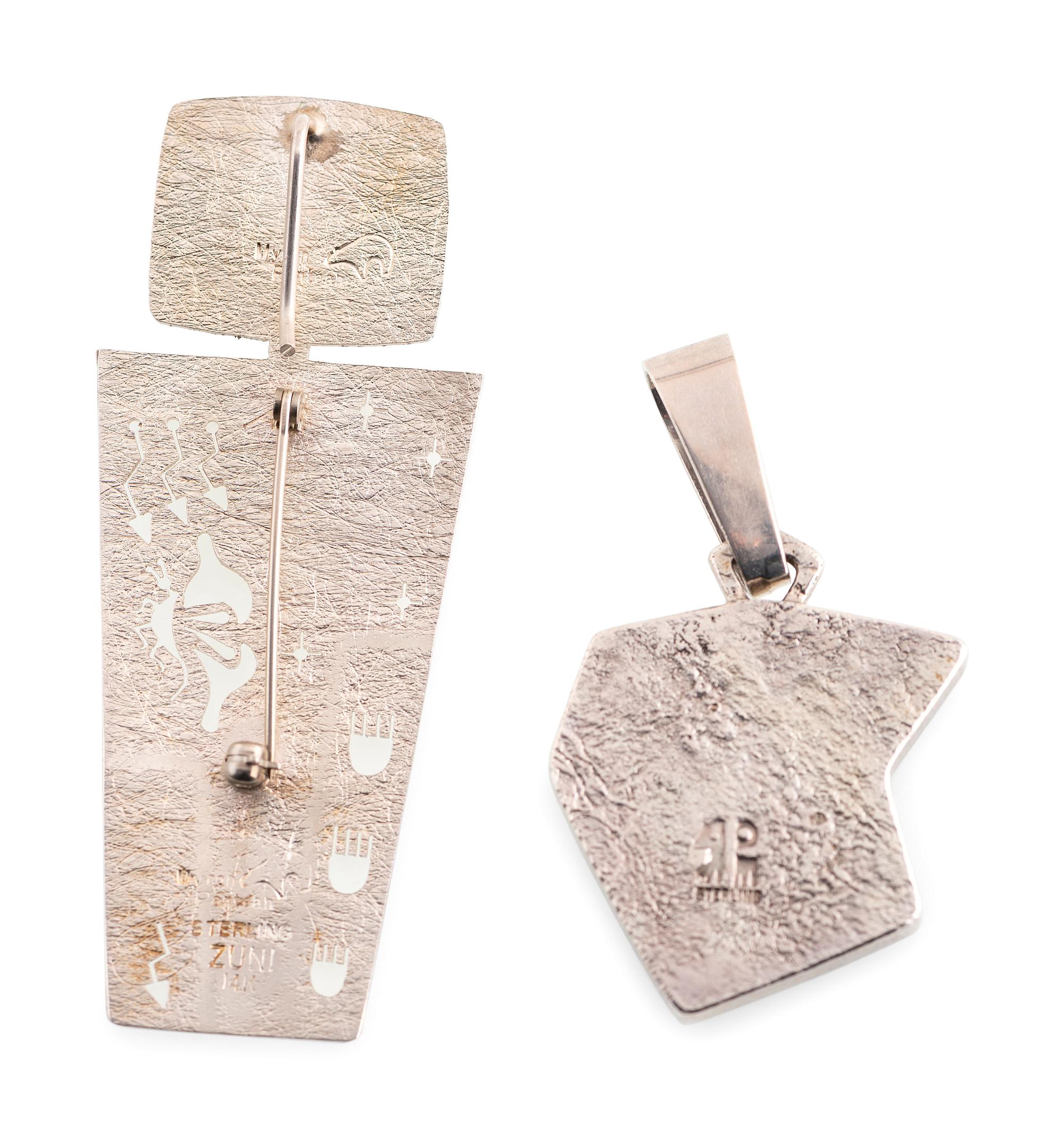 Zuni and Hopi Sterling Silver Inlaid Pendants, with Gold Accents