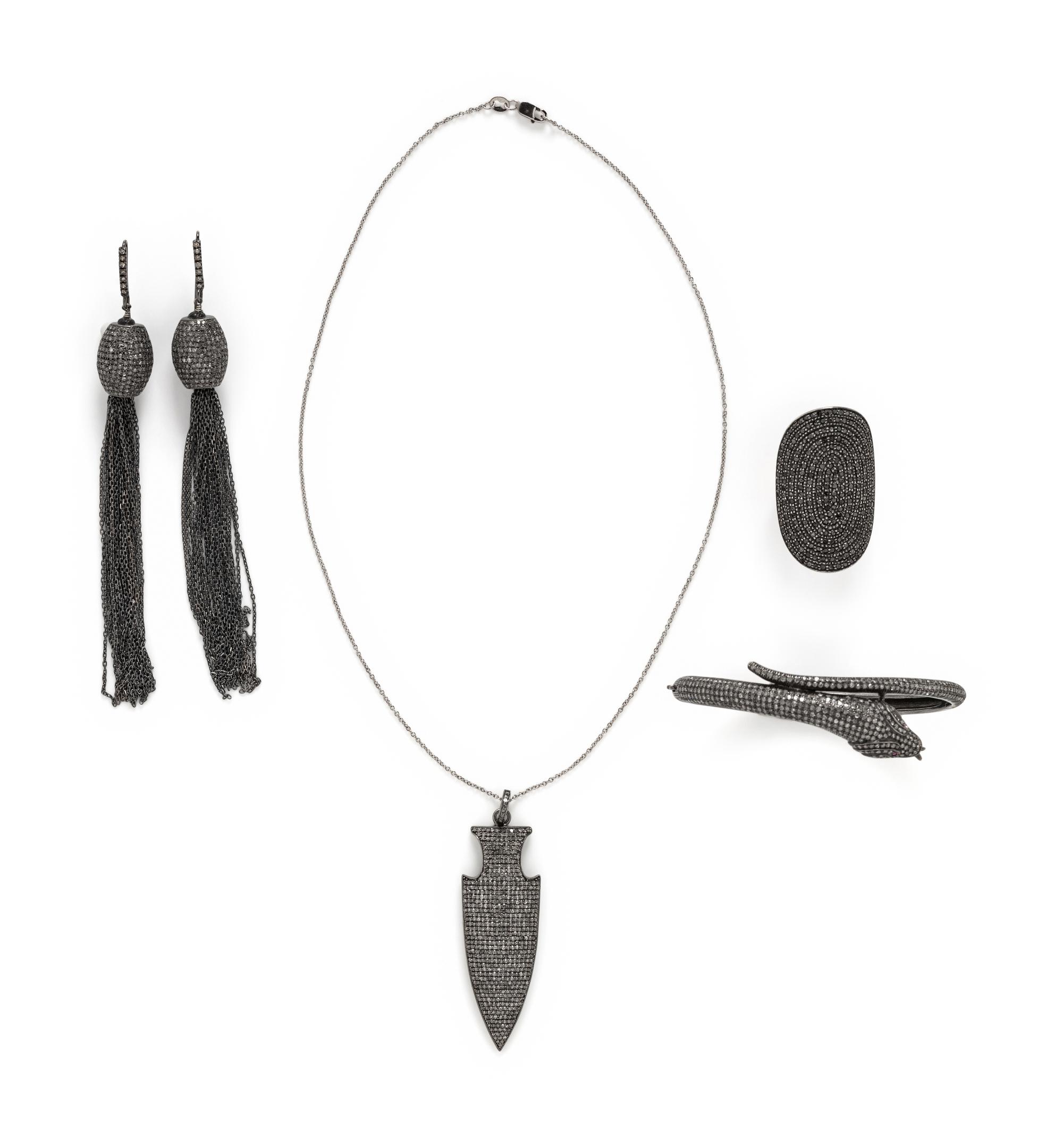 COLLECTION OF BLACK RHODIUM, GOLD, AND DIAMOND JEWELRY