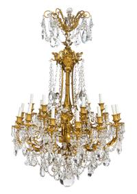 A Louis XVI Style Gilt Bronze Eighteen-Light Chandelier Height 42 x diameter 28 inches.