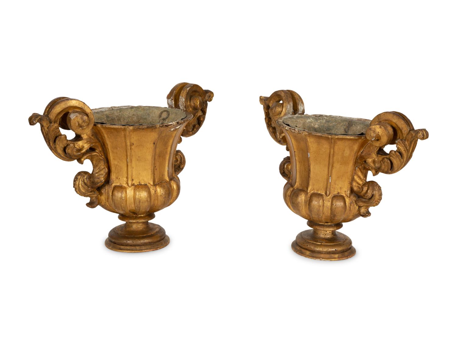 A Pair of Venetian Baroque Carved Giltwood Campana Urns
