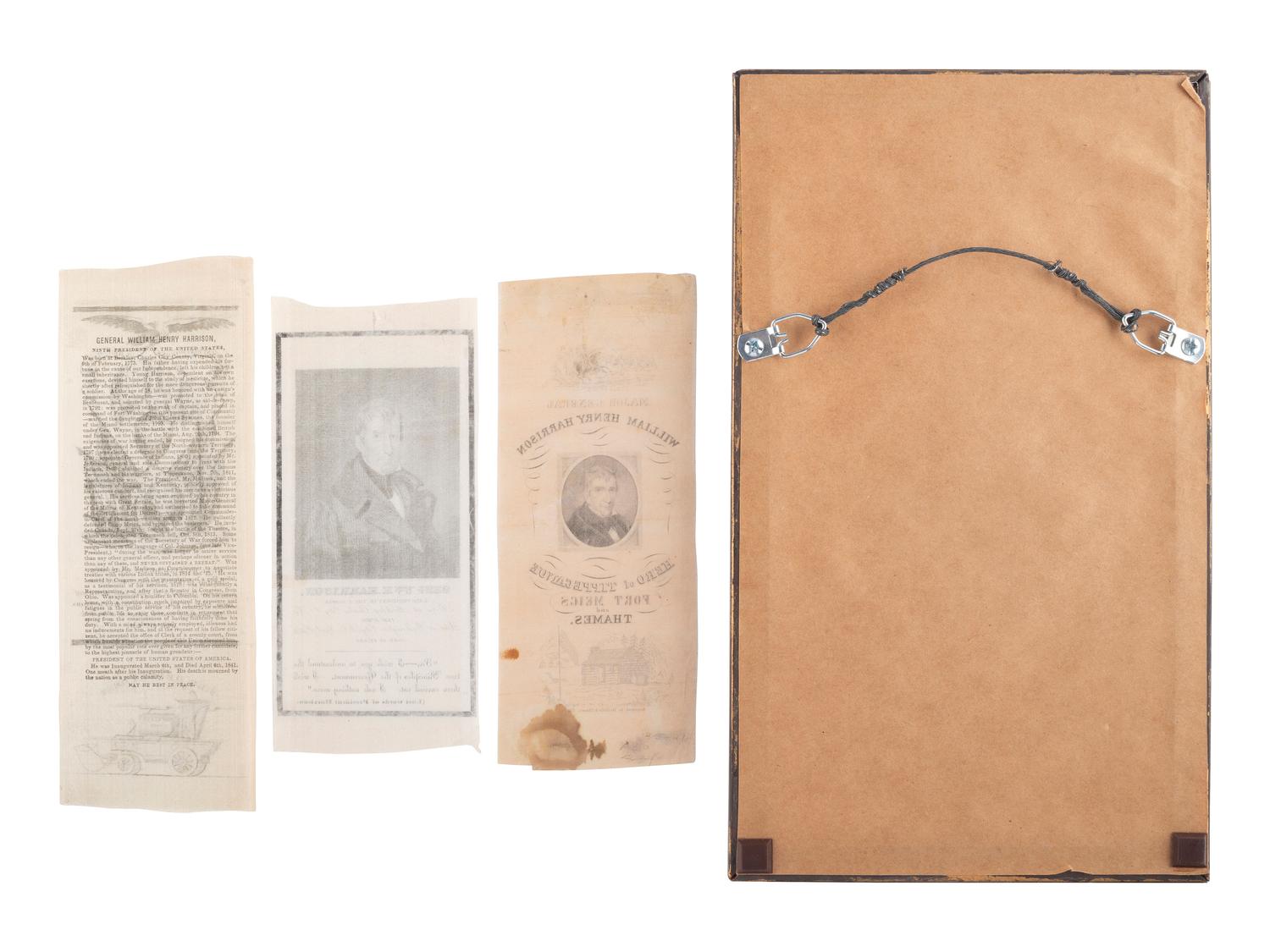 [HARRISON, William Henry (1773-1841)]. A group of 5 items, highlighted by 4 silk campaign and memorial ribbons.