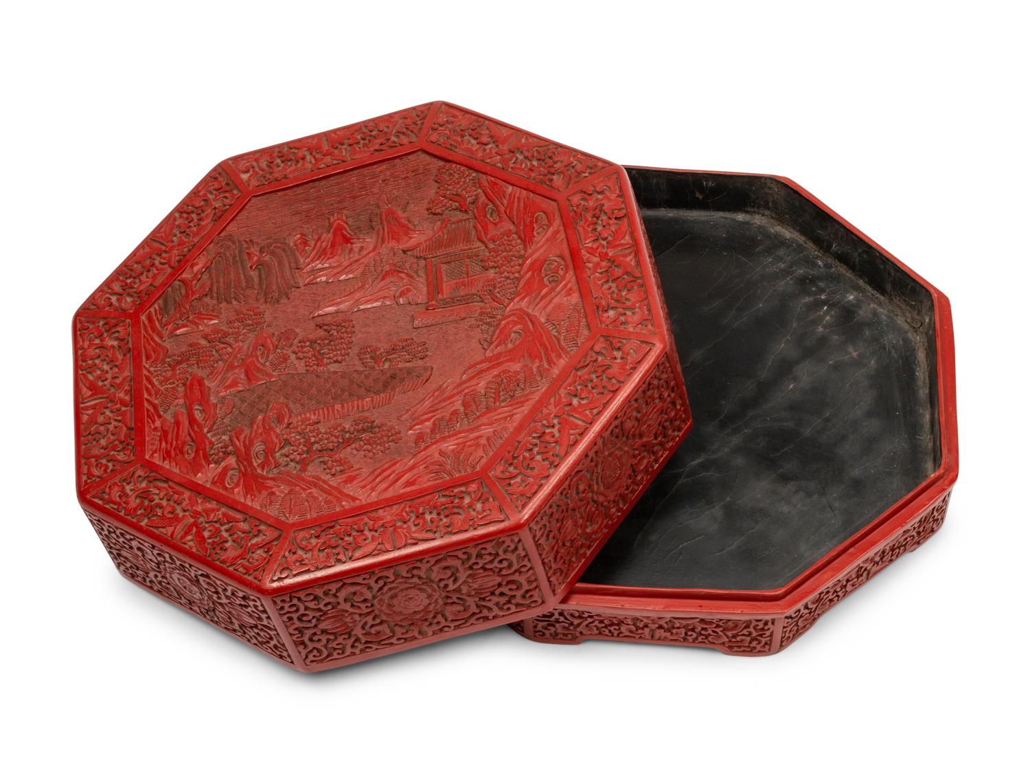 A Chinese Export Carved Red Lacquer Octagonal Box