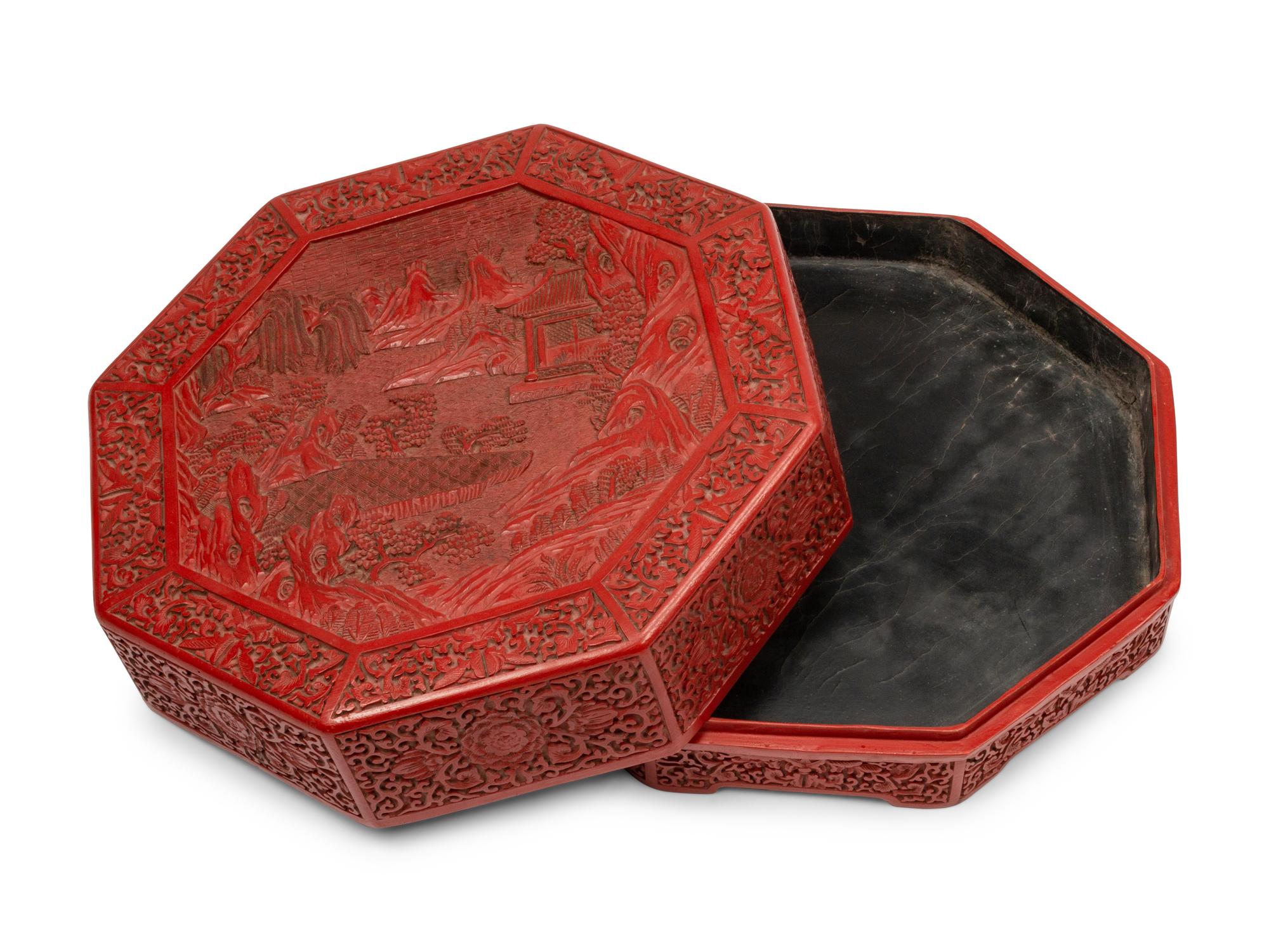 A Chinese Export Carved Red Lacquer Octagonal Box