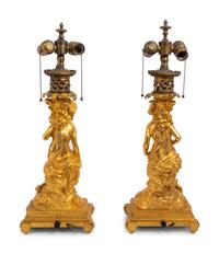 A Pair of French Gilt Bronze Figural Fluid Lamps Converted to Electricity