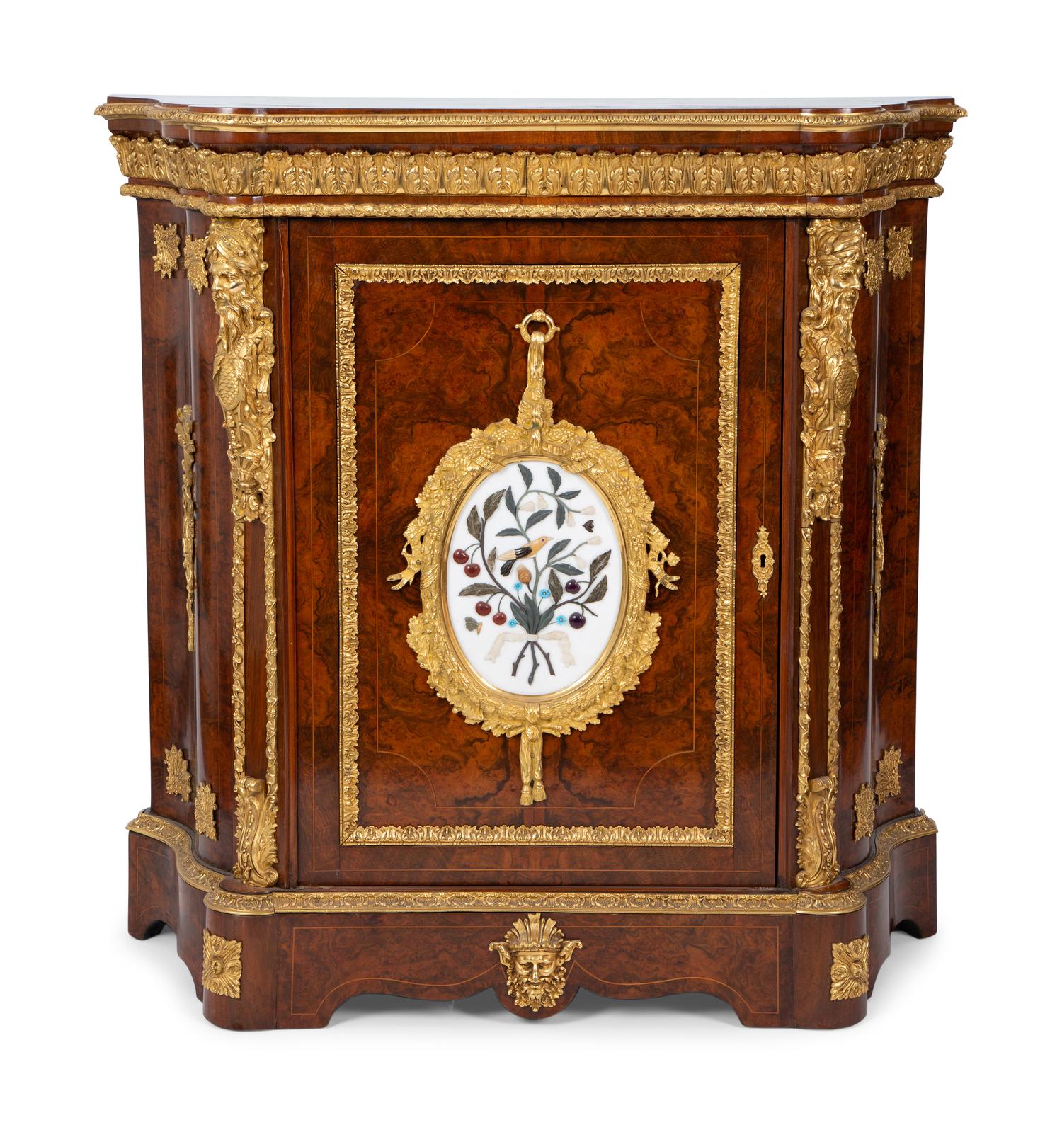 A Napoleon III Style Gilt Bronze Mounted and Hardstone Plaque-Inset Burlwood Cabinet — LATE 19TH/EARLY 20TH CENTURY