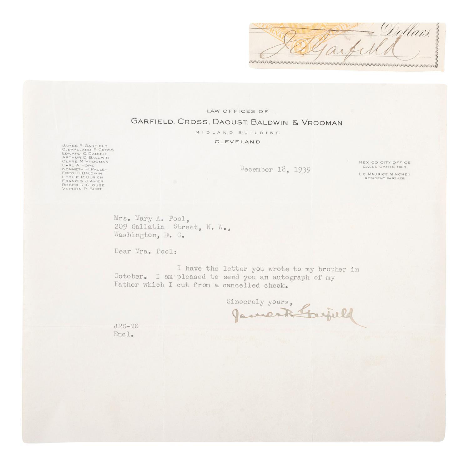GARFIELD, James A. (1831-1881). Clipped signature from a check with correspondence from Garfield's sons. [ With: ] BRYAN, William Jennings. Signature.