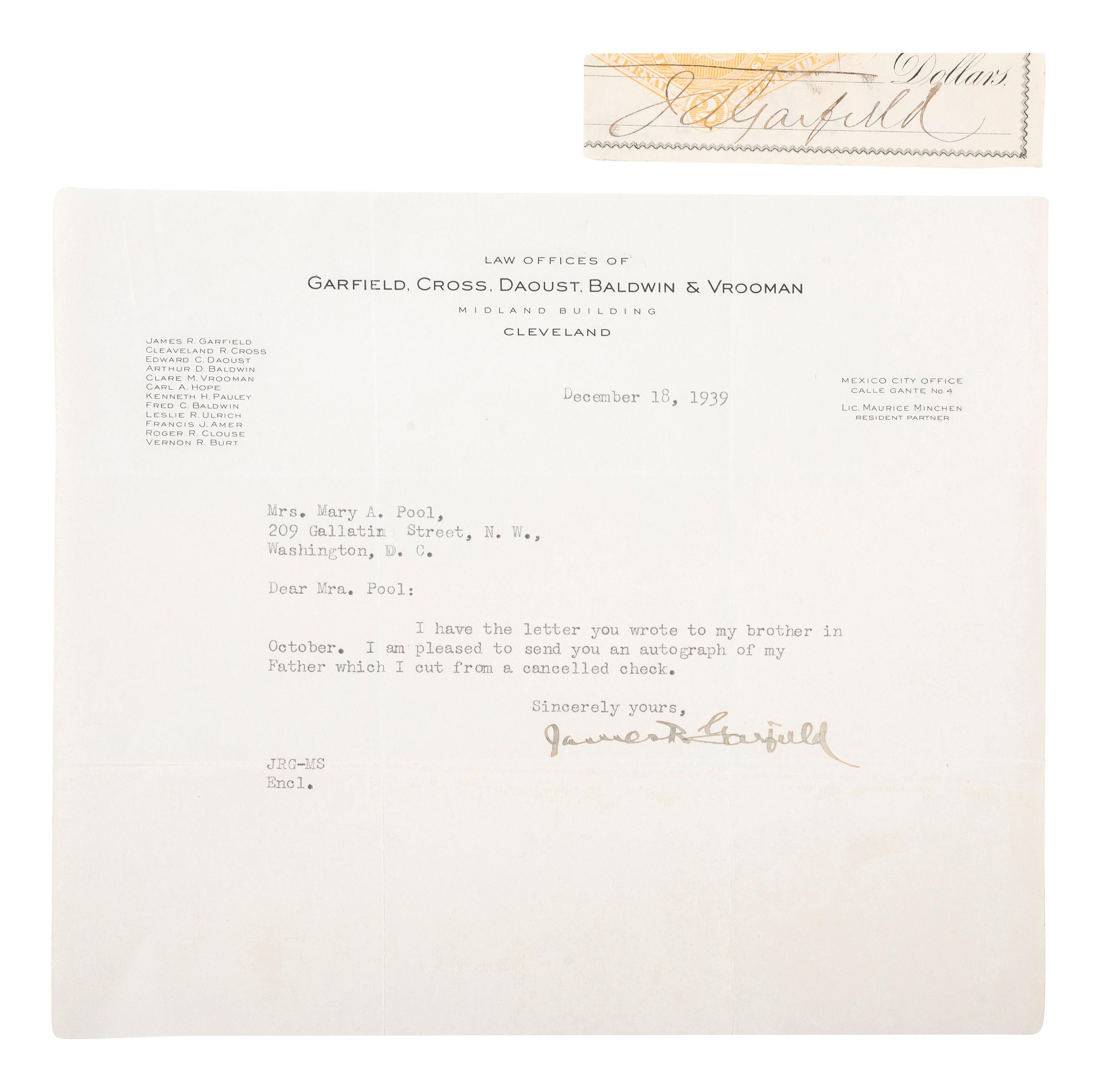 GARFIELD, James A. (1831-1881). Clipped signature from a check with correspondence from Garfield's sons. [ With: ] BRYAN, William Jennings. Signature.