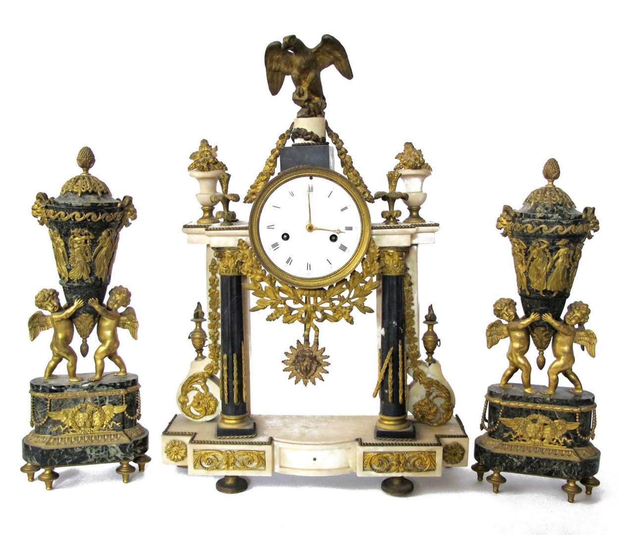 Louis XVI marble and ormolu clock garniture cachard successeur de charles le roy, paris, france, circa 1780