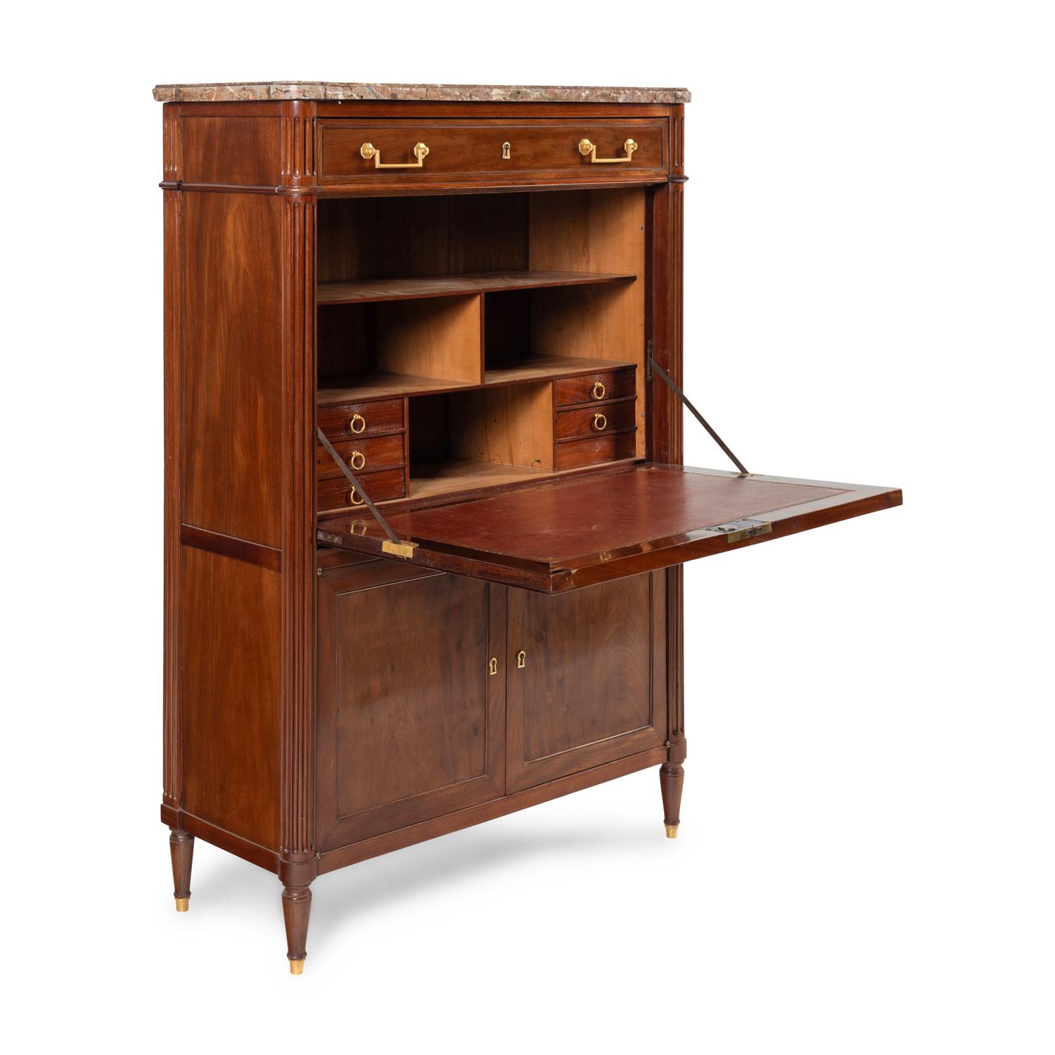 A Louis XVI Gilt Metal Mounted Mahogany Marble-Top Secrétaire à Abattant