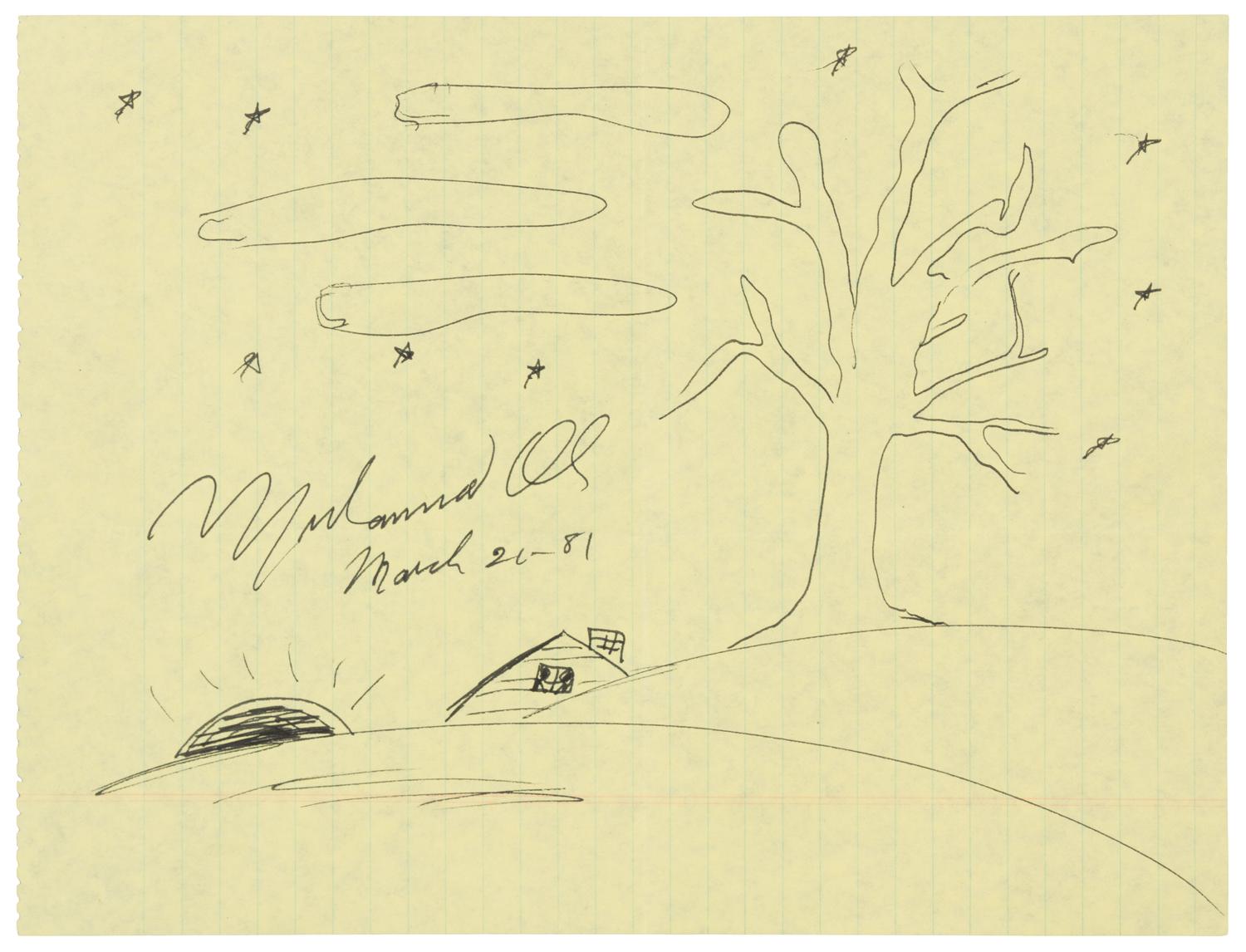 ALI, Muhammad (1942-2016). Original drawing, in pen, depicting a tree and the horizon, on a yellow sheet of lined paper, signed, 1981.