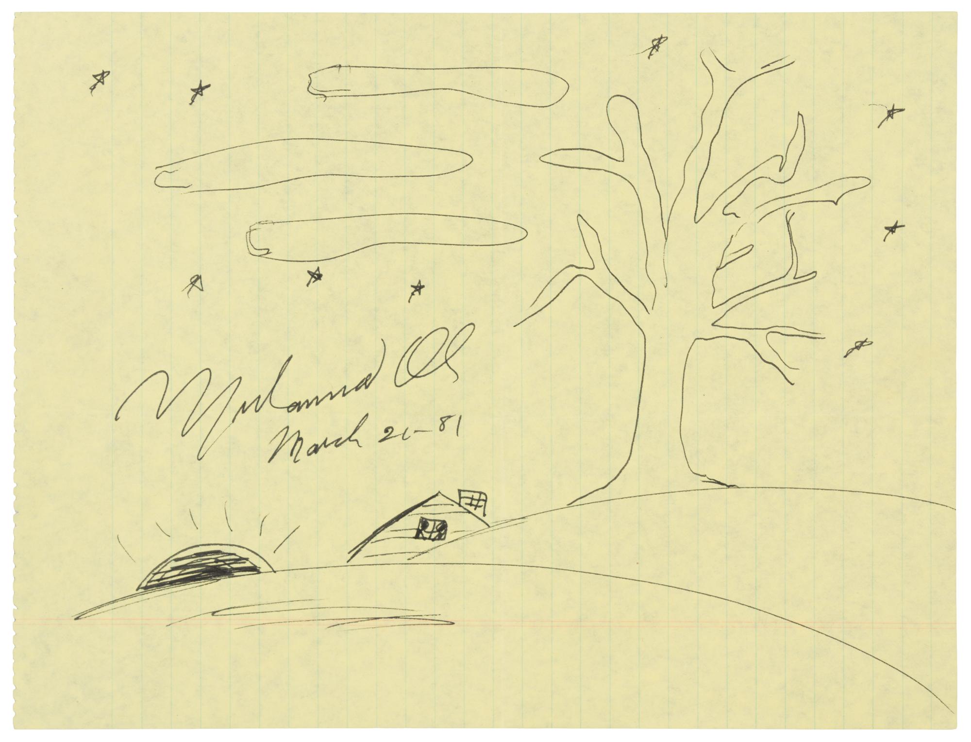 ALI, Muhammad (1942-2016). Original drawing, in pen, depicting a tree and the horizon, on a yellow sheet of lined paper, signed, 1981.