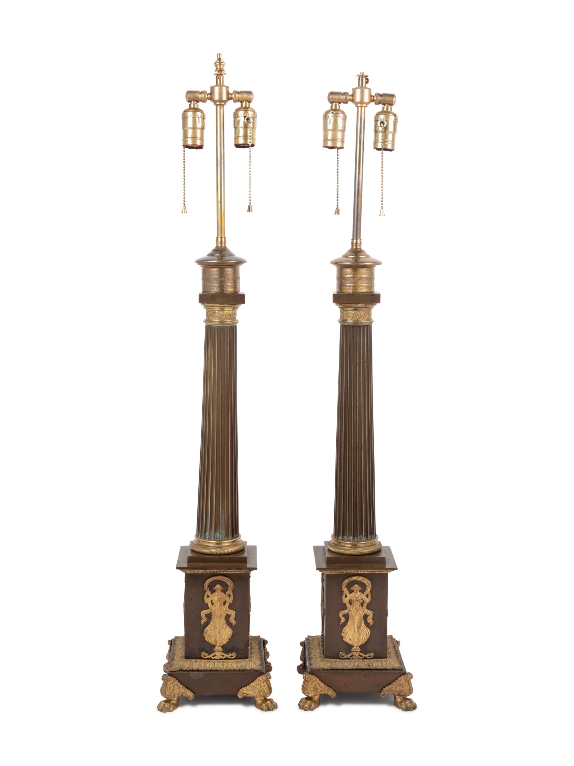A Pair of Empire Gilt and Patinated Bronze Table Lamps