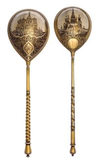 Two Russian Silver-Gilt and Niello Spoons, Various makers, Moscow, 19th century, each having a twist handle, the underside of the bowls