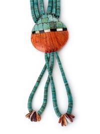 Kewa Multi-strand Rolled Turquoise and Inlaid Spiny Oyster Shell Necklace