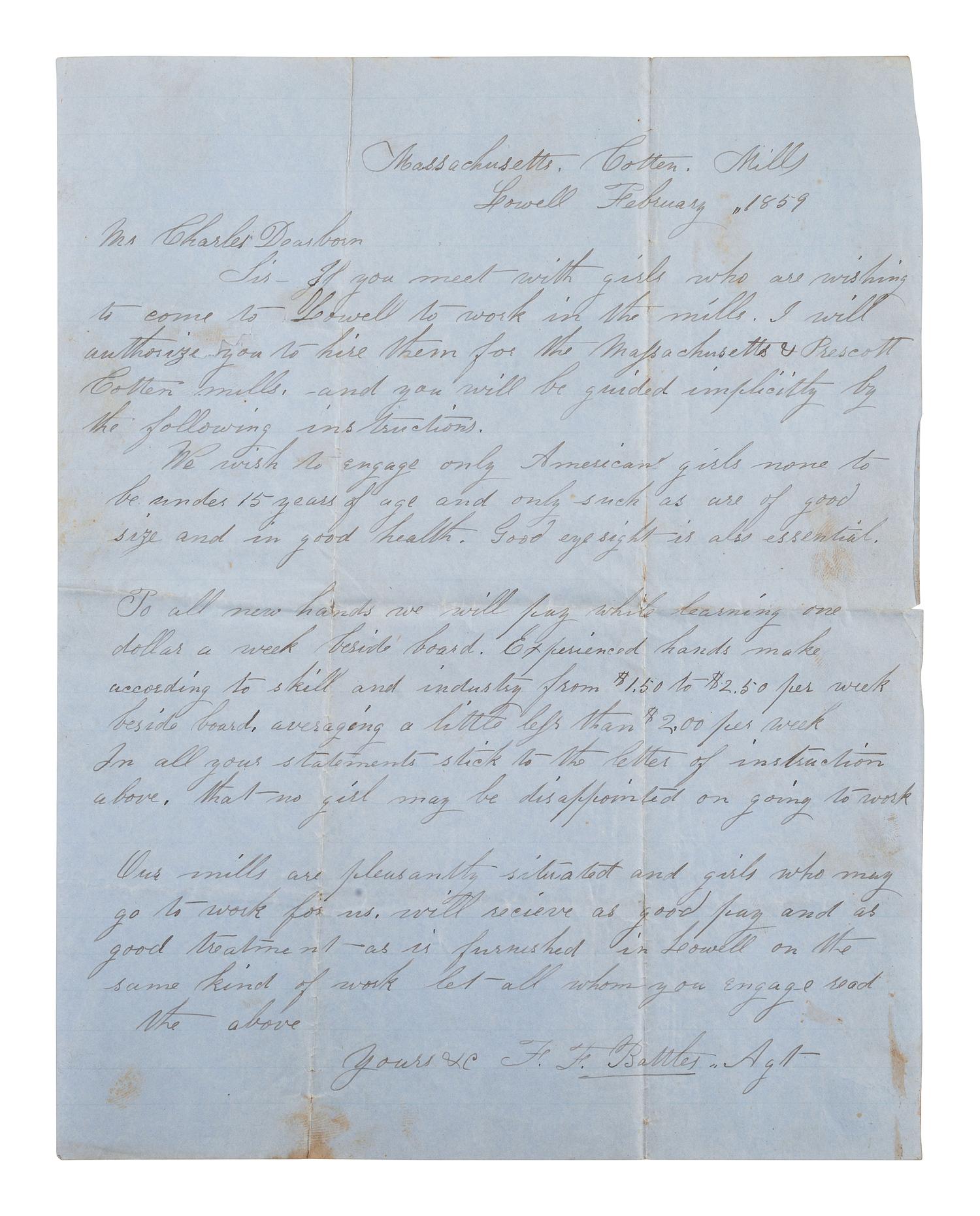 [LABOR]. ALS from Massachusetts Cotton Mills regarding employing young girls. Lowell, [MA], 1859.