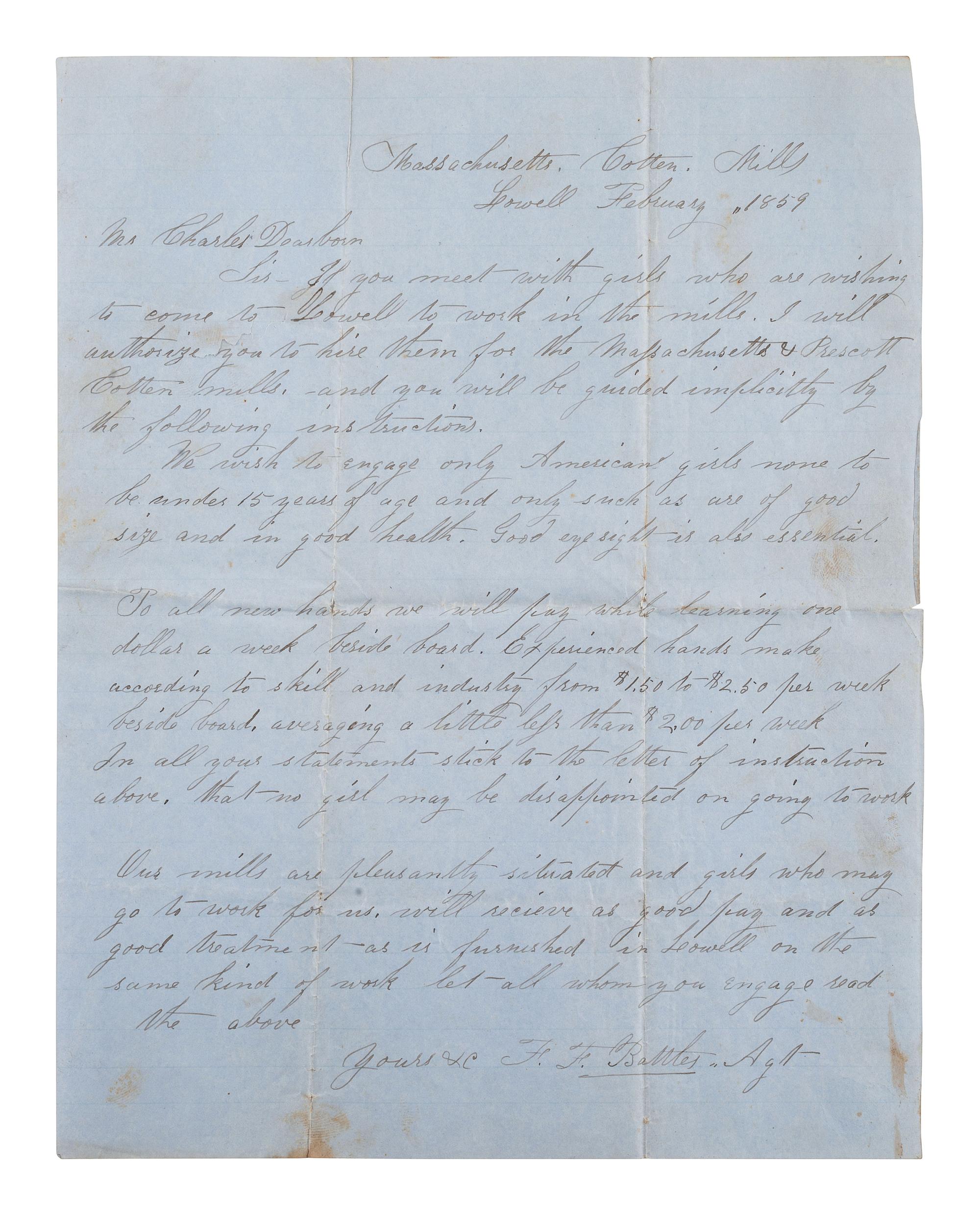 [LABOR]. ALS from Massachusetts Cotton Mills regarding employing young girls. Lowell, [MA], 1859.