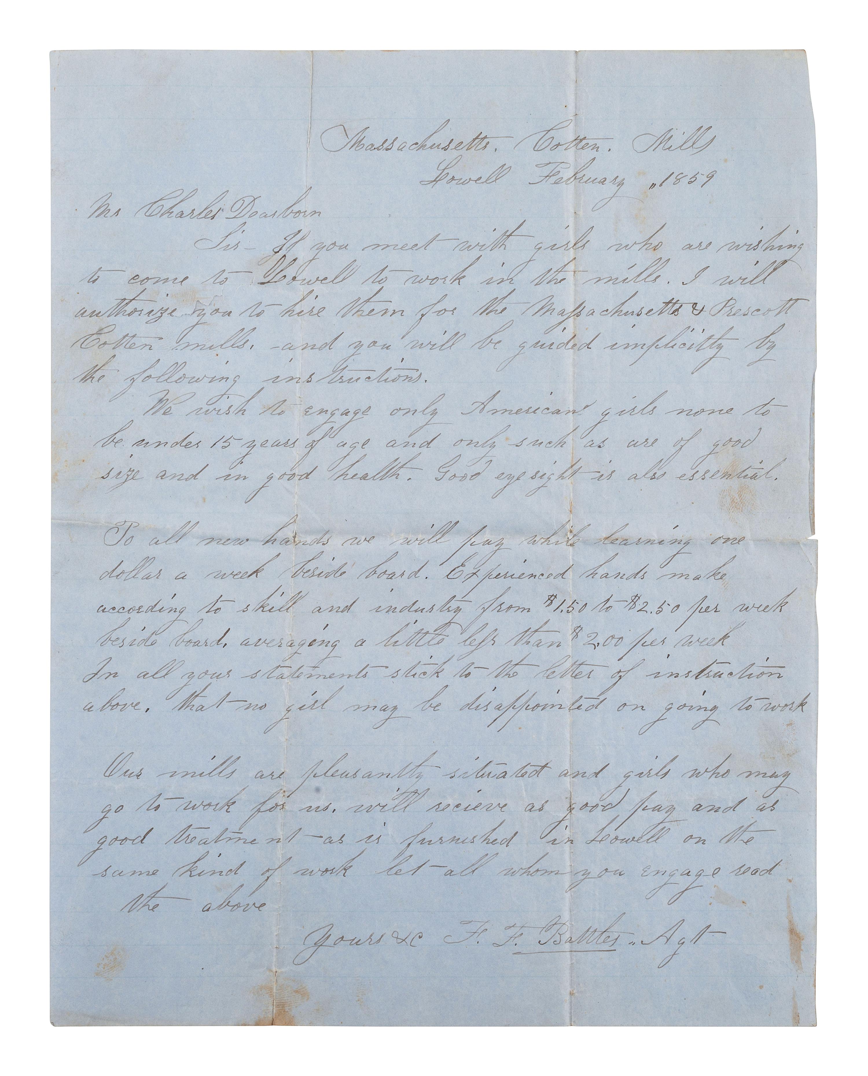 [LABOR]. ALS from Massachusetts Cotton Mills regarding employing young girls. Lowell, [MA], 1859.