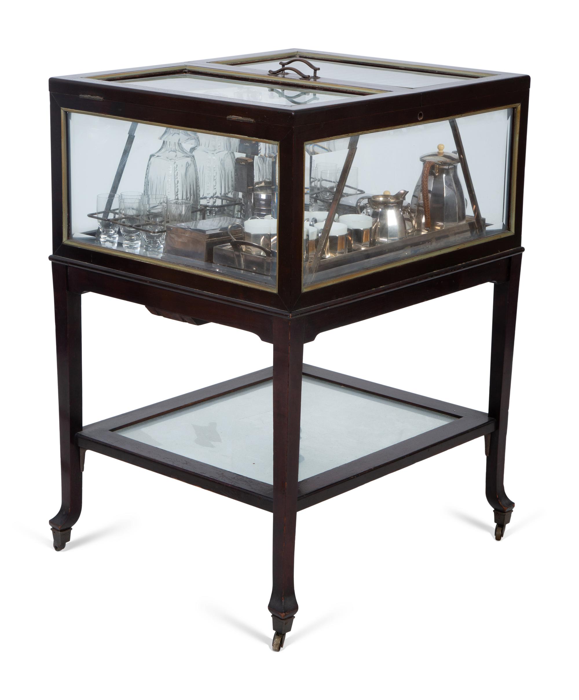 A Regency Revival Fruitwood, Silvered Metal and Glazed Pop-Up Bar Cart — 20TH CENTURY