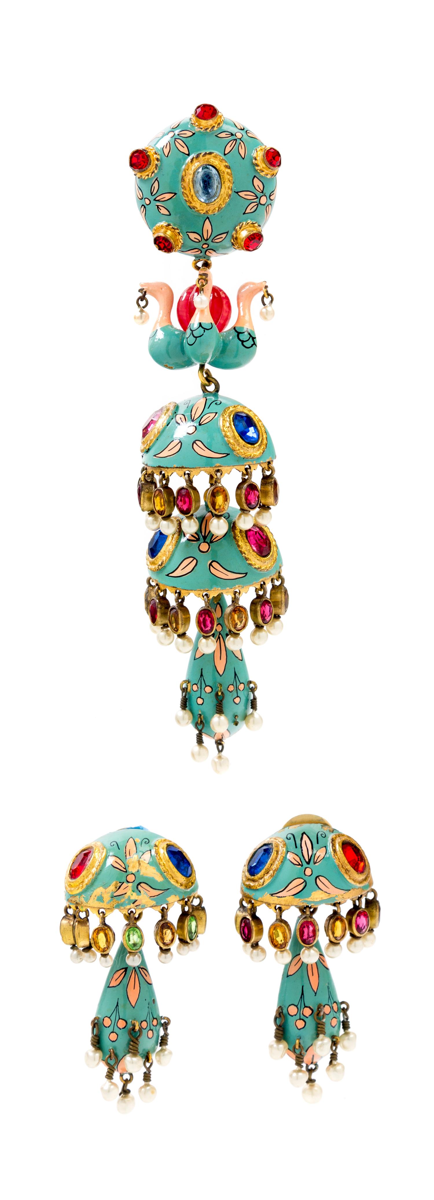 A French Painted Brooch and Earclips, Brooch: 5"x 1.25"; Earclip: 1" x 2".