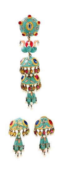 A French Painted Brooch and Earclips, Brooch: 5"x 1.25"; Earclip: 1" x 2".