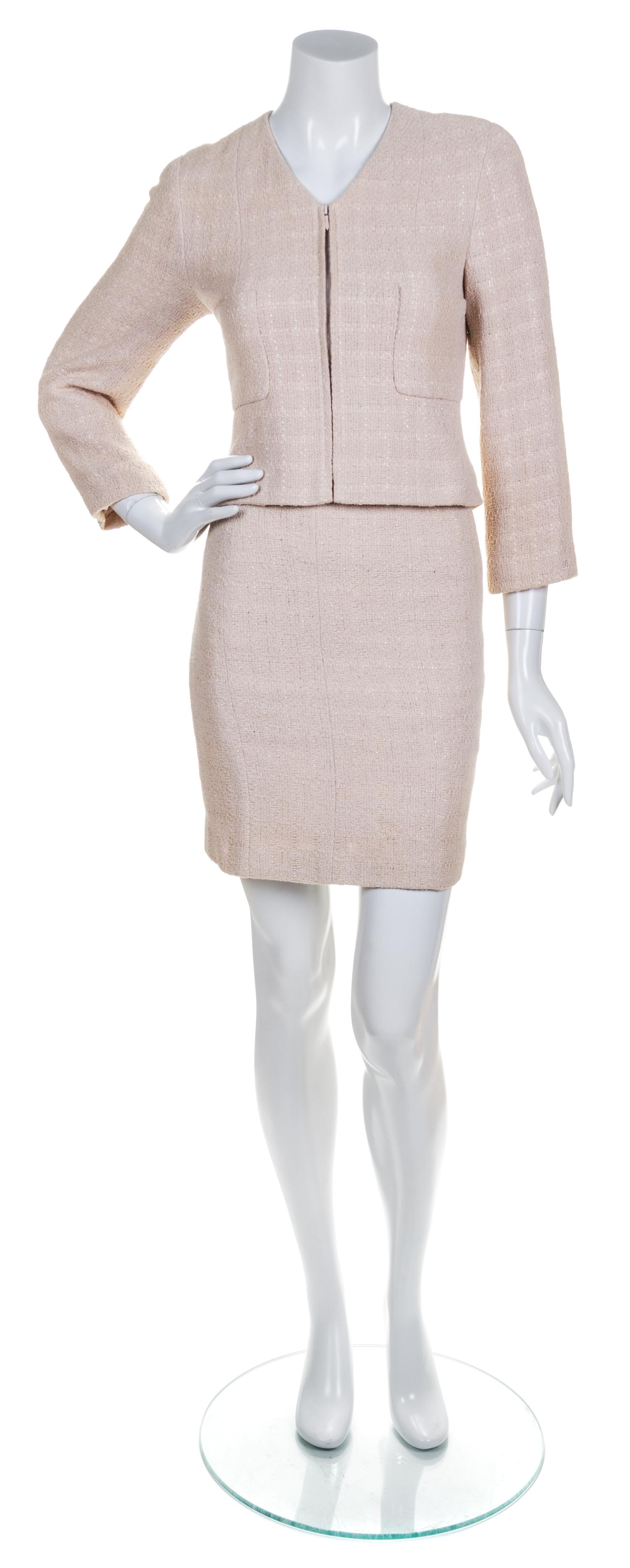 A Chanel Peach Tweed Boucle Skirt Suit, Size 36.