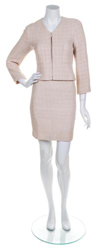A Chanel Peach Tweed Boucle Skirt Suit, Size 36.
