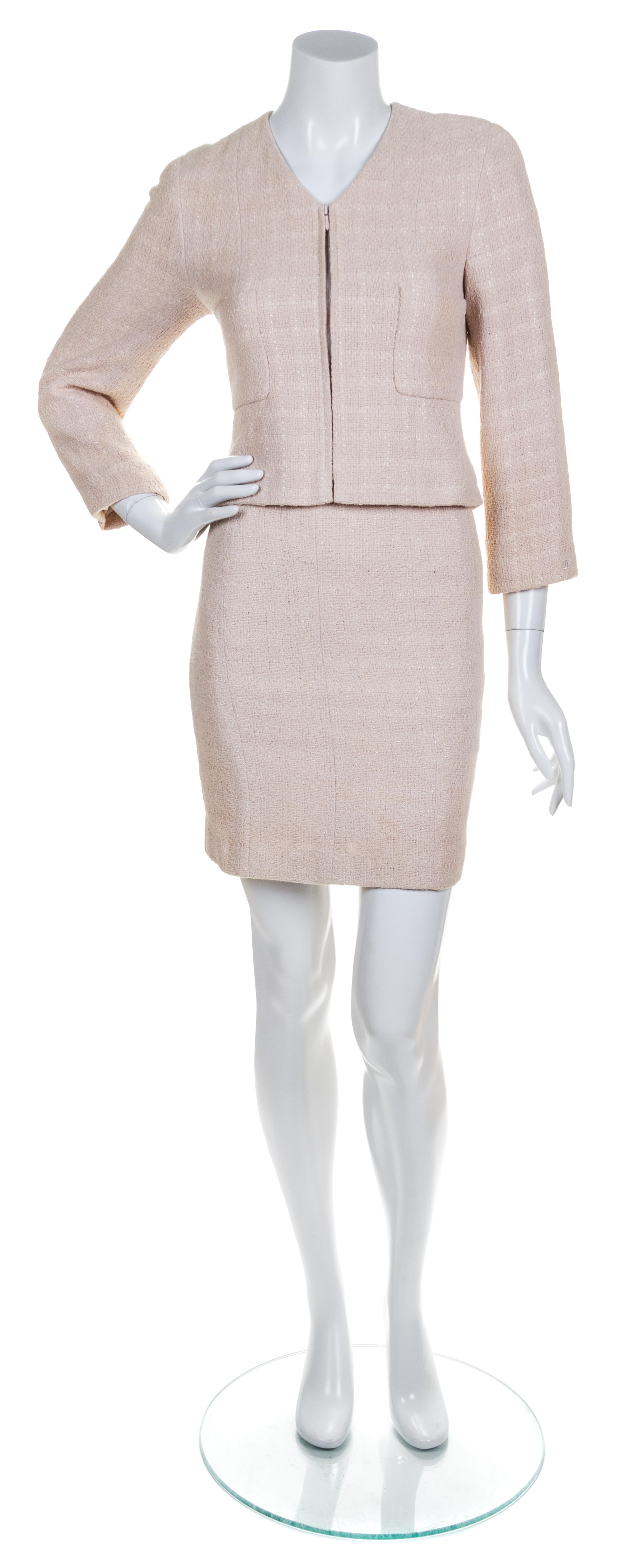 A Chanel Peach Tweed Boucle Skirt Suit, Size 36.