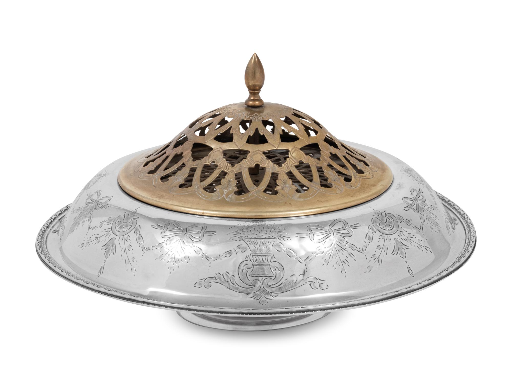 An American Silver Centerpiece Bowl with a Pierced Brass Flower Frog