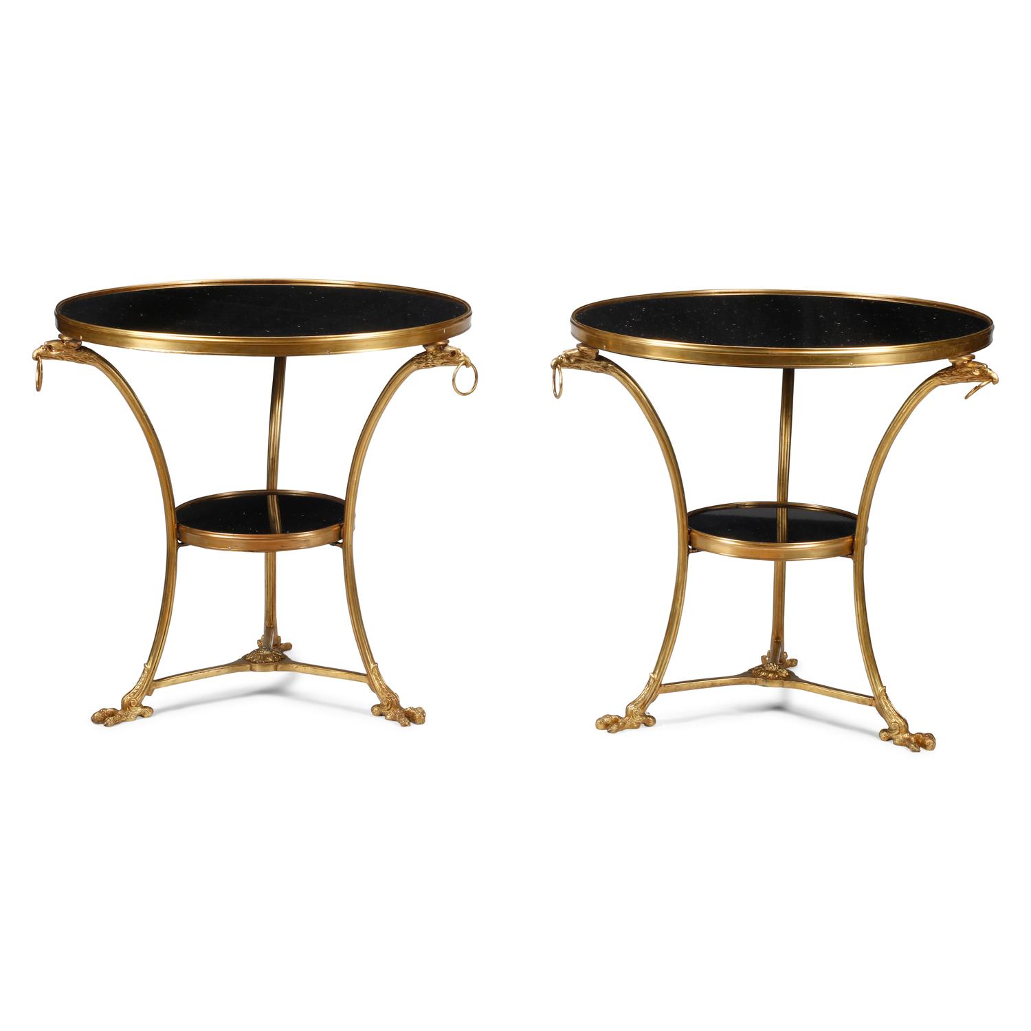 A Pair of Empire Style Gilt Bronze and Black Granite Guéridons