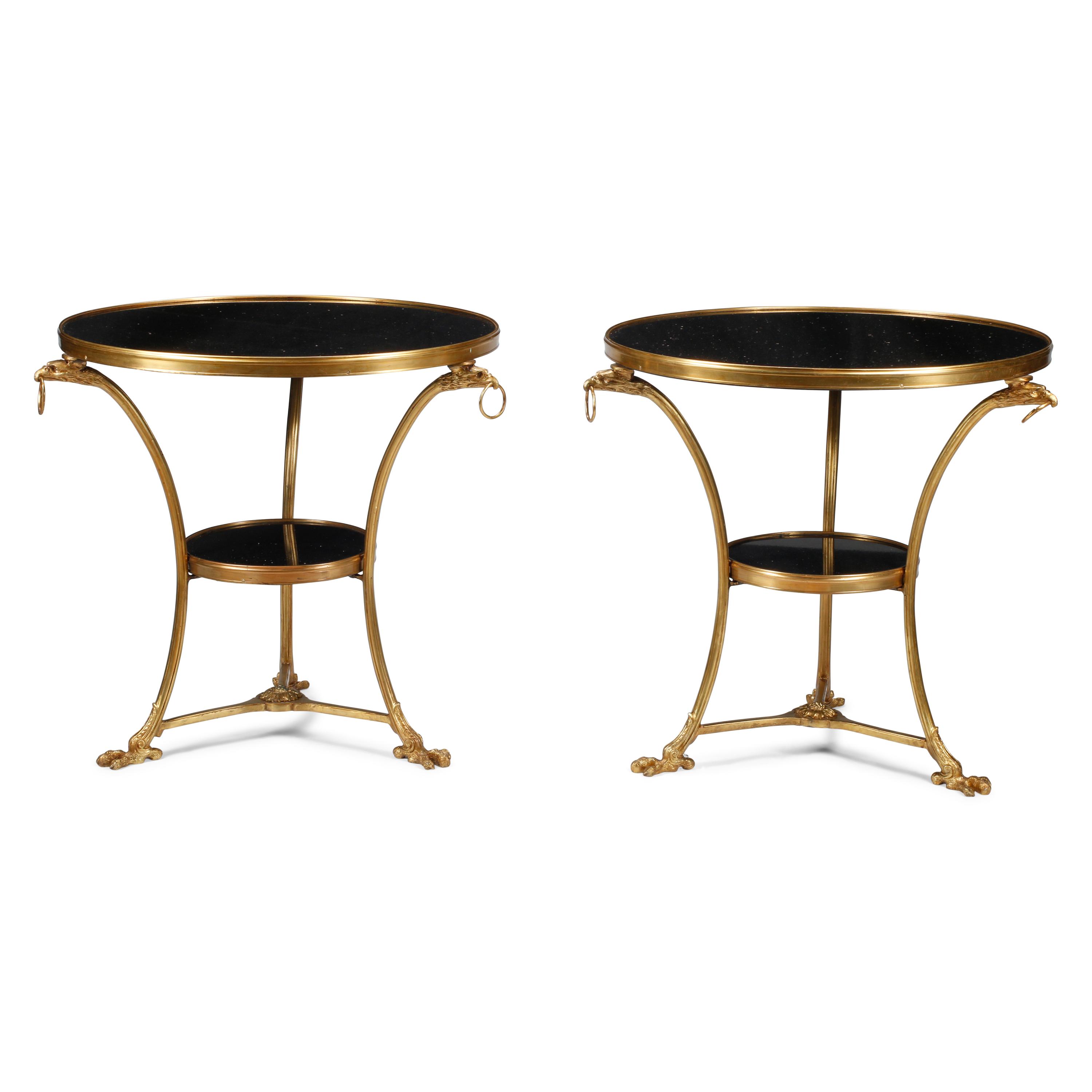 A Pair of Empire Style Gilt Bronze and Black Granite Guéridons