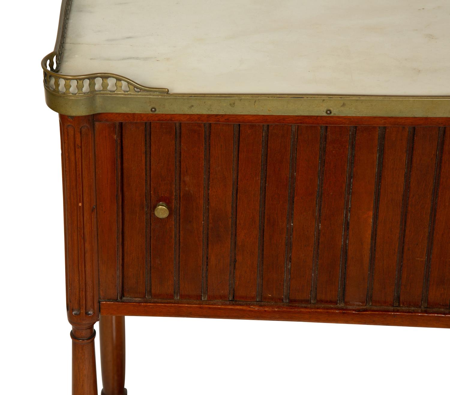 A Louis Philippe Mahogany Marble Top Side Table with Tambour Door